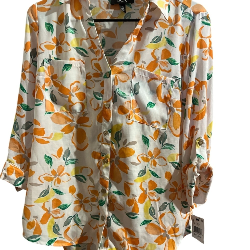 BCX Orange and Green Floral Button-Down Shirt